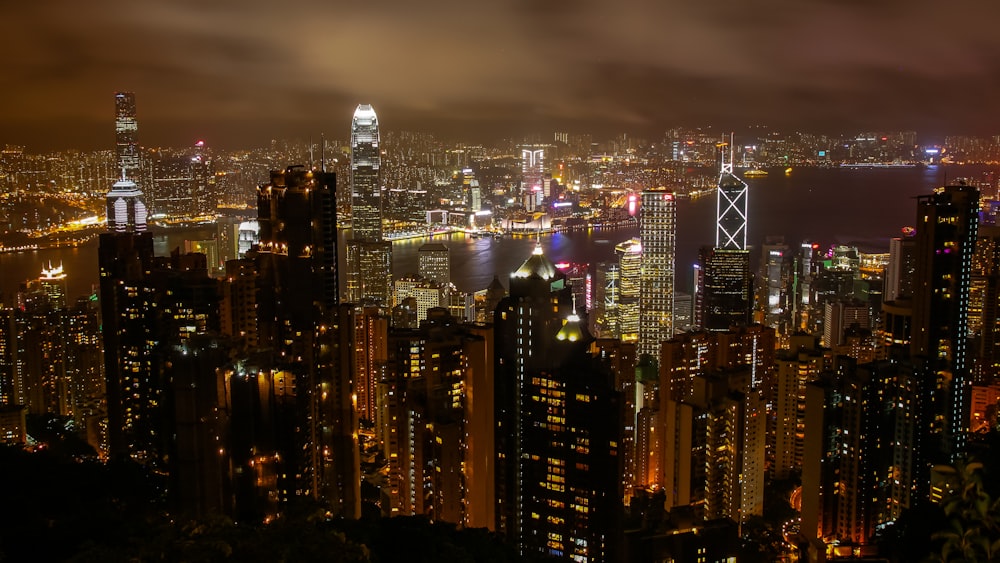 city skyline during night time