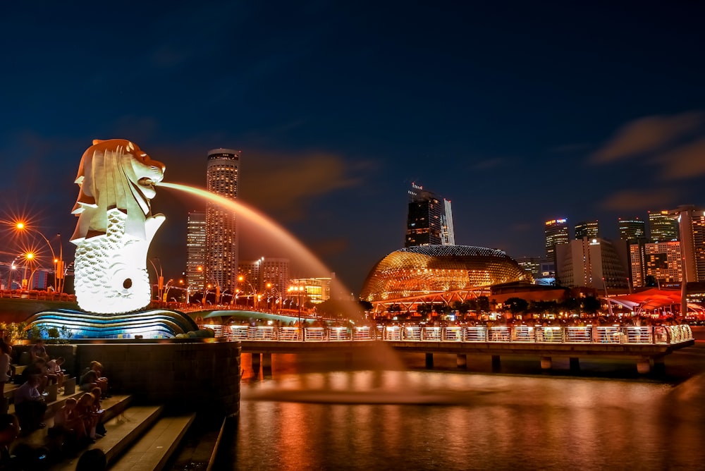 city skyline with lights turned on during night time