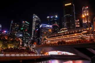 A vibrant nighttime cityscape featuring a skyline of towering skyscrapers illuminated by colorful lights. The Fullerton Hotel is prominently displayed, glowing with warm lighting. A bridge stretches across the foreground, with reflections shimmering in the water below.