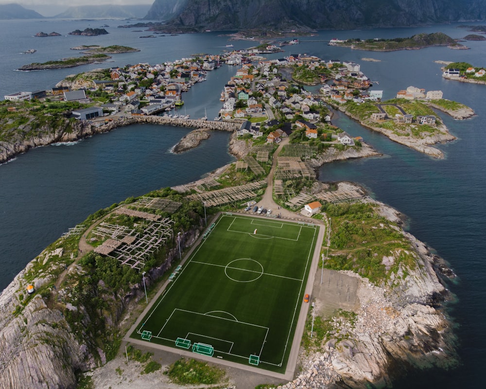 aerial view of green soccer field during daytime