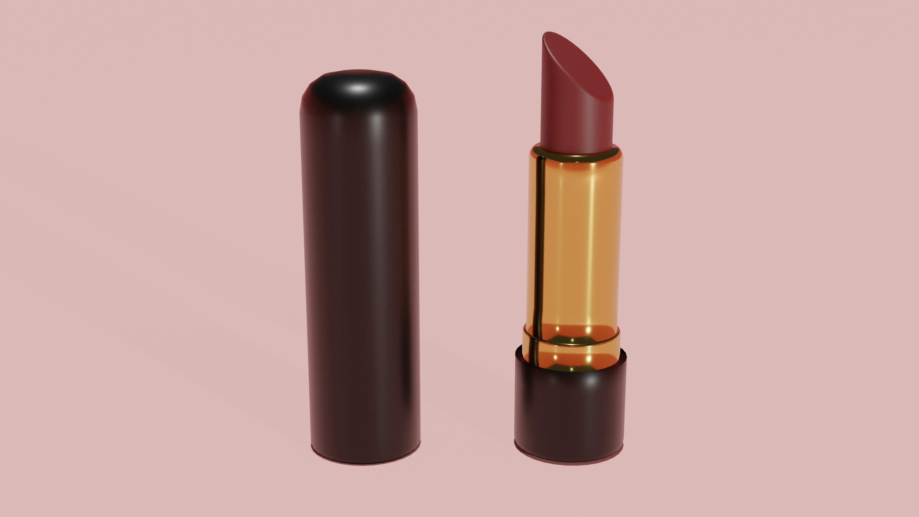 Berry red lipstick bullet with gold casing against pink background