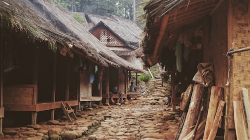 Traditional wooden huts with thatched roofs line a narrow, stone-paved village path. The rustic architecture features woven bamboo walls and wooden supports, with a variety of natural materials visible. Lush greenery surrounds the area, adding to the serene and earthy atmosphere.