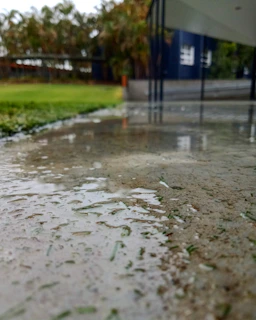 Wide shot of a freshly cleaned driveway with clear water reflections.