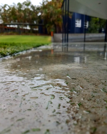 Wide shot of a freshly cleaned driveway with clear water reflections.