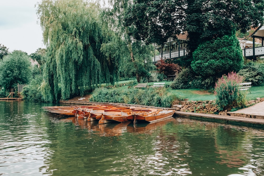 brown wooden boat on river during daytime