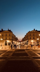 people walking on street near building during night time