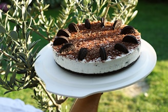 A round cake with a creamy white layer, topped with chocolate shavings and decorated with cookies, is held on a white tray. The background features green leaves and a blurred natural setting.