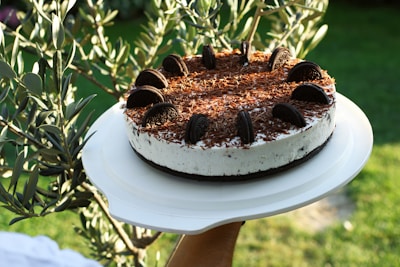 A round cake with a creamy white layer, topped with chocolate shavings and decorated with cookies, is held on a white tray. The background features green leaves and a blurred natural setting.