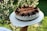 A round cake with a creamy white layer, topped with chocolate shavings and decorated with cookies, is held on a white tray. The background features green leaves and a blurred natural setting.