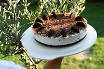 A round cake with a creamy white layer, topped with chocolate shavings and decorated with cookies, is held on a white tray. The background features green leaves and a blurred natural setting.