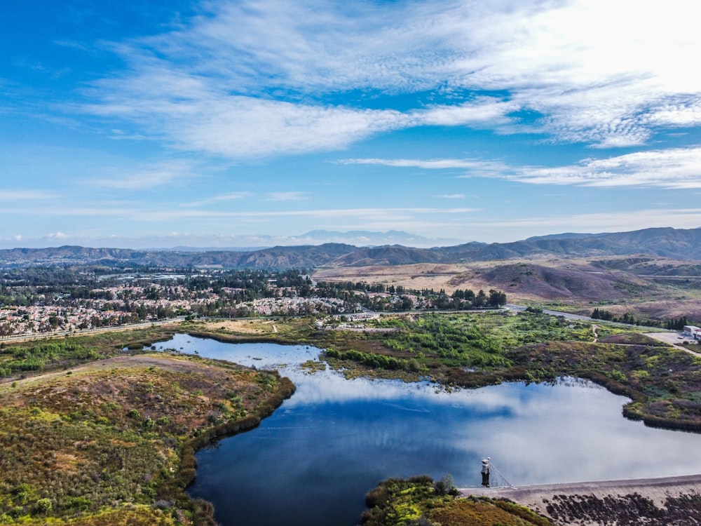 an aerial view of a lake surrounded by mountains