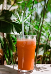 A colorful glass of fresh fruit juice with ice and a straw on a sunny patio.