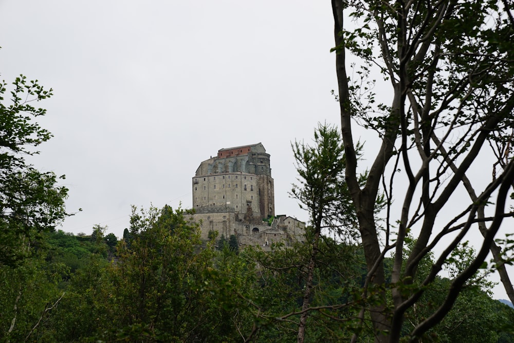 brown concrete building on top of green trees