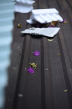 Pieces of crumpled newspaper and styrofoam are scattered on a textured surface. Purple flower petals and dried leaves are also visible, suggesting a mix of natural and man-made debris.