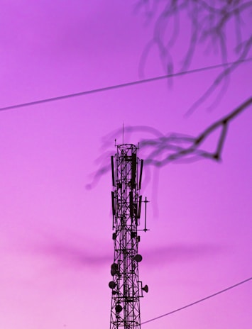 A telecommunications tower is silhouetted against a vibrant purple sky. Some faint shadows of tree branches are visible in the foreground, giving a dynamic frame to the composition. The image features electrical wires stretching across the sky.