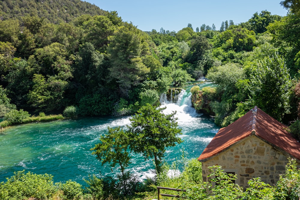 Braunes Holzhaus in der Nähe von grünen Bäumen und Fluss tagsüber