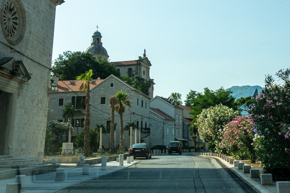 cars parked beside the road near the building