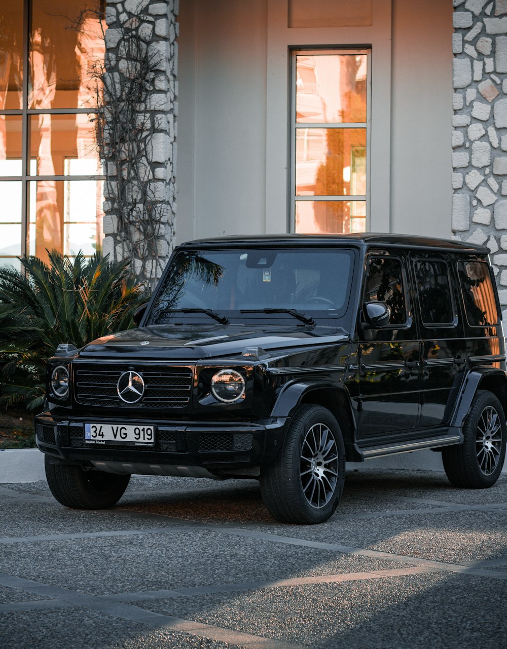 black mercedes benz g class suv parked beside green plants during daytime