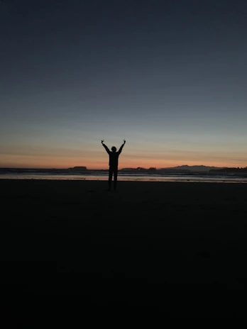 A sunset silhouette of a person holding a Vertex detector on a beach, ready for discovery.