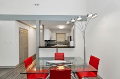 red and silver chairs and table