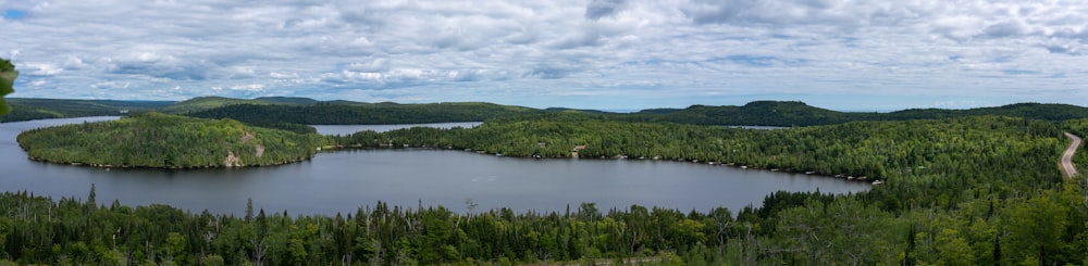 green trees near lake under white clouds during daytime