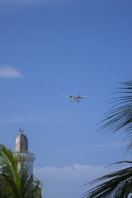 A small white airplane is flying in a clear blue sky. Below, the top of a minaret with a crescent moon symbol is partially obscured by green palm leaves.
