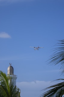 A small white airplane is flying in a clear blue sky. Below, the top of a minaret with a crescent moon symbol is partially obscured by green palm leaves.