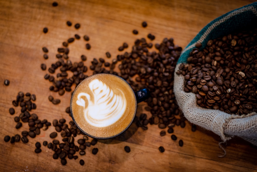 cappuccino in white ceramic mug on saucer surrounded by coffee beans