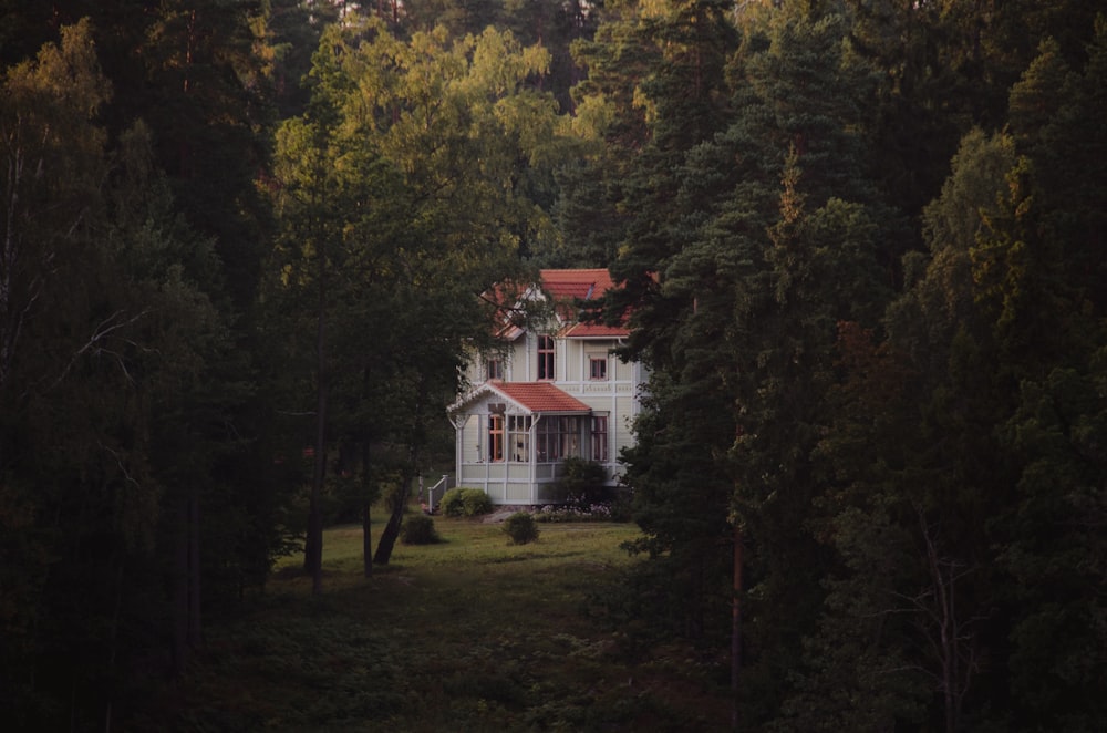 white and red house surrounded by trees