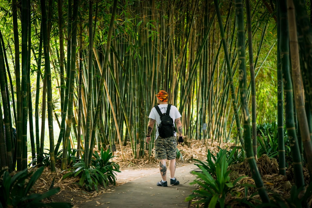 man in white shirt and black pants standing on pathway between bamboo trees during daytime