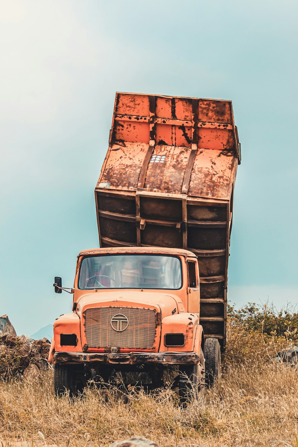 orange truck on green grass field during daytime