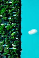 Lush vertical gardens cascading down the high-rise facade, blending nature with modern architecture.