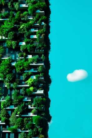 Lush vertical gardens cascading down the high-rise facade, blending nature with modern architecture.