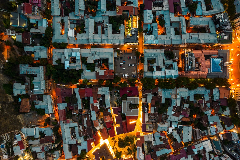 aerial view of city buildings during night time