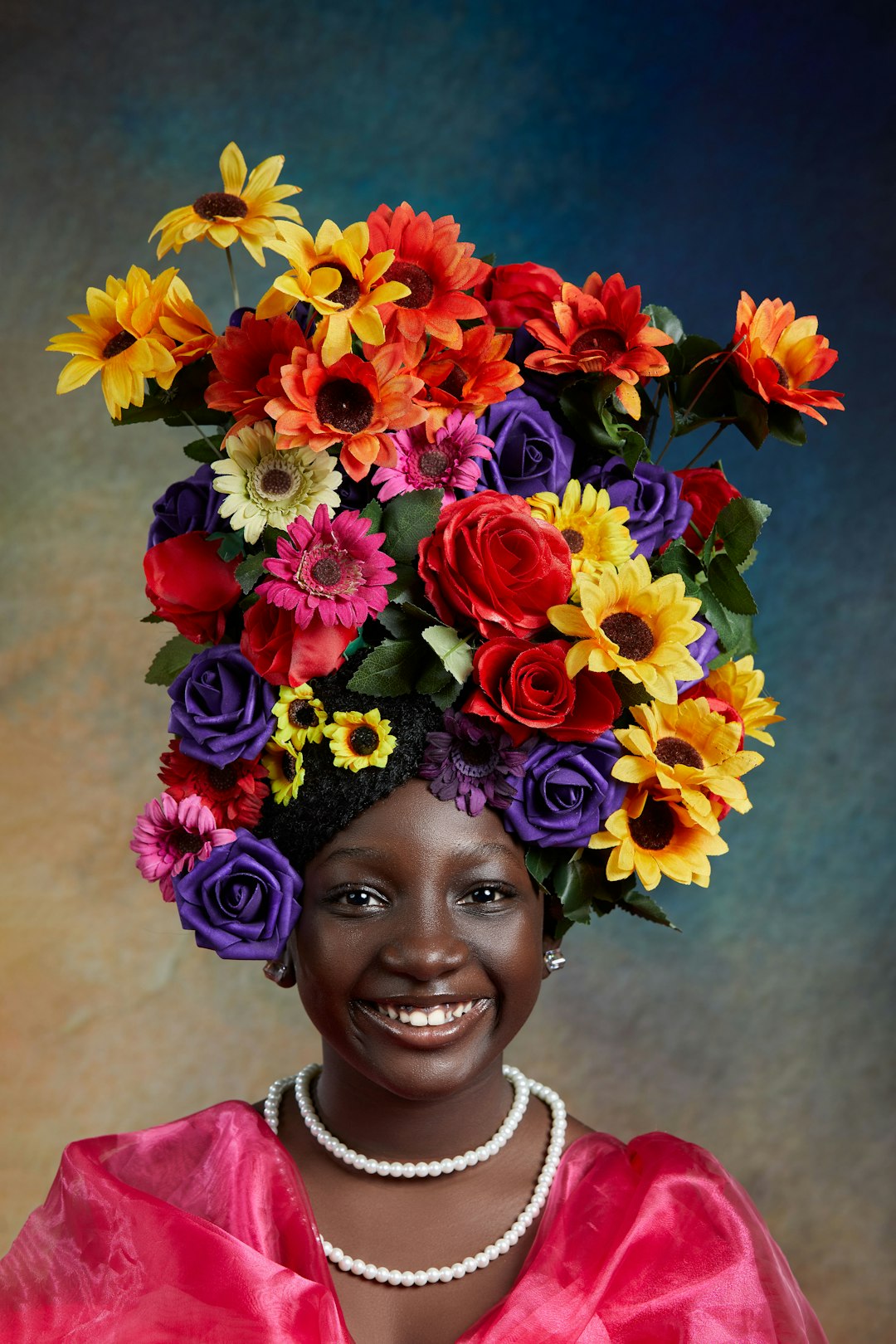 woman with red yellow and blue flower crown