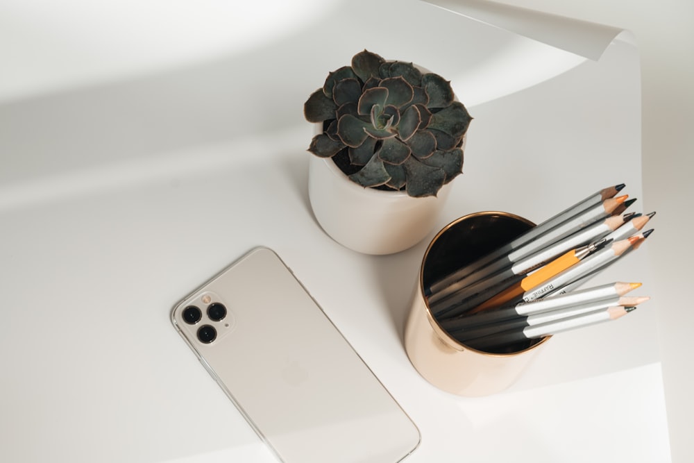 白いセラミックの花瓶の横にあるスペースグレイのiPhone 6