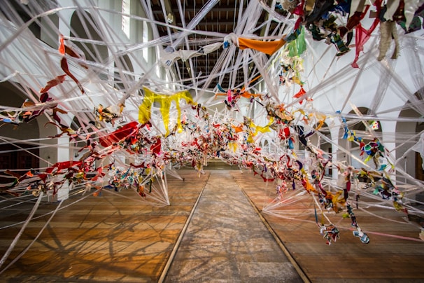 A mixed-media fiber art installation incorporating natural fibers and found objects from North Alabama.