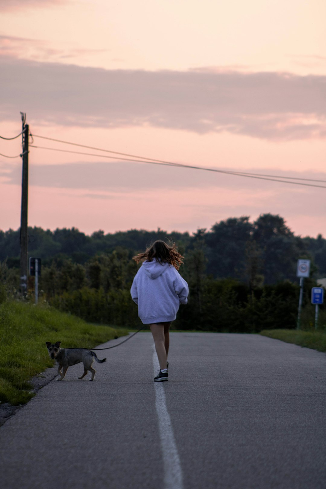 woman in white t-shirt and black shorts walking with black and white short coated dog