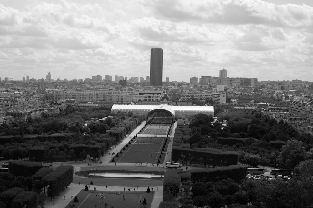 grayscale photo of city buildings