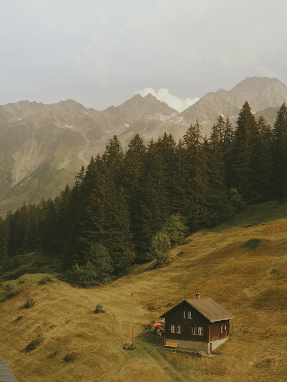 brown wooden house near green trees and mountains during daytime