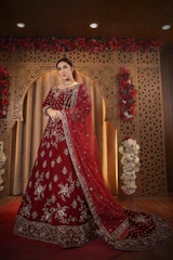 woman in red and white floral dress