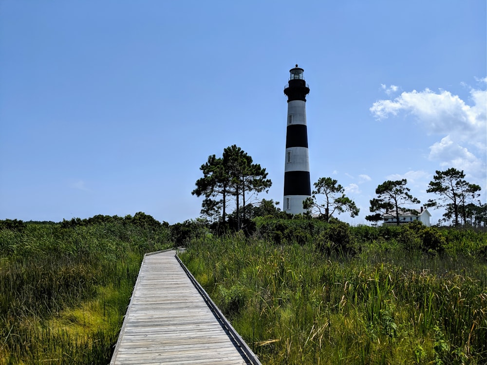 white and black lighthouse on green grass field under blue sky during daytime