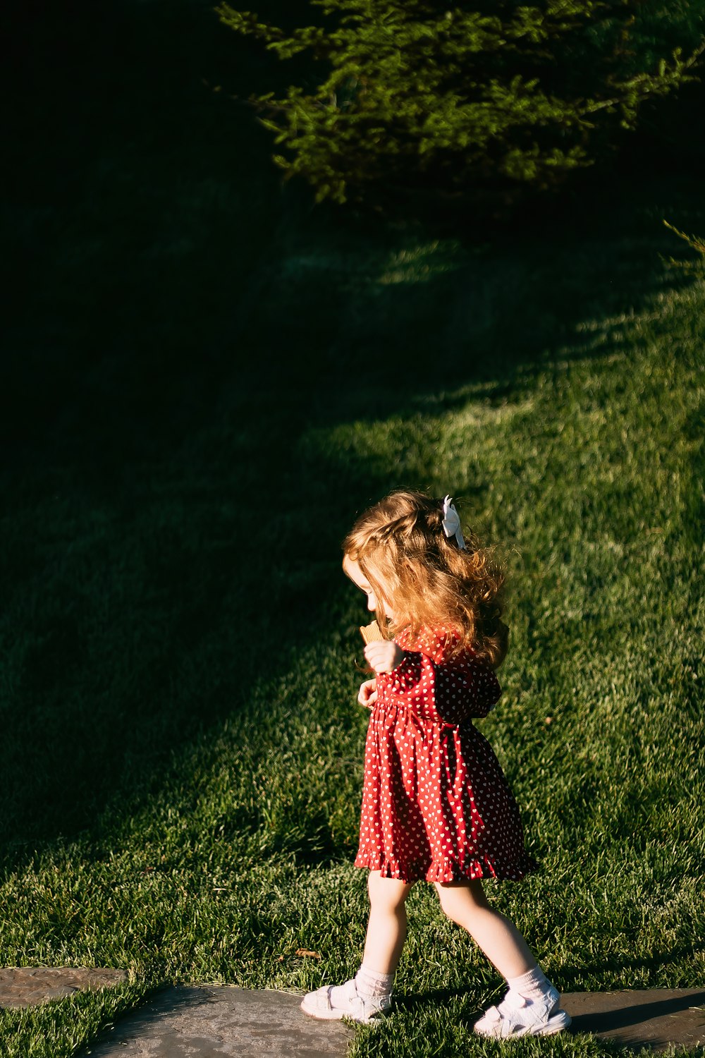 낮 동안 푸른 잔디밭에 서 있는 빨간색과 검은색 드레스를 입은 소녀