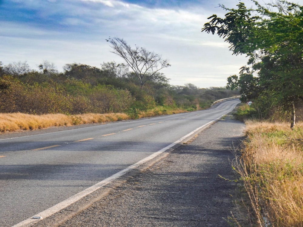 gray asphalt road between green grass field under white clouds and blue sky during daytime