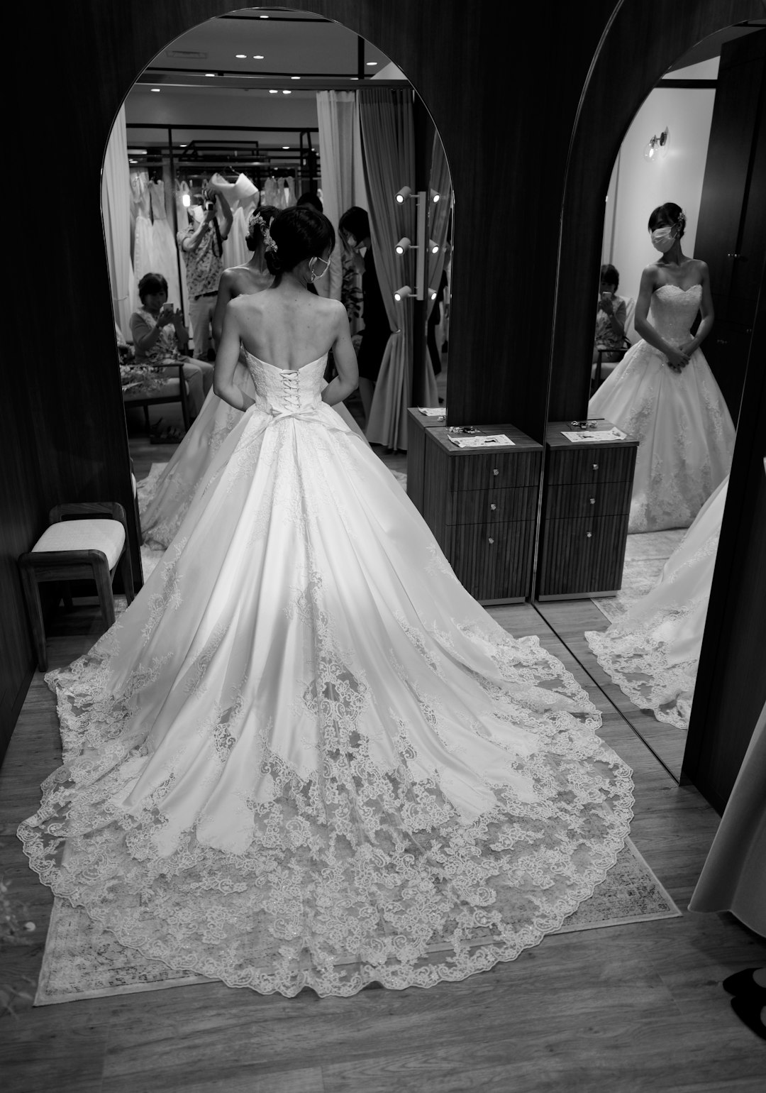 woman in white floral wedding gown