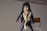 A figurine of an anime character with long black hair and a contemplative expression sits on a chair. The character is wearing a school uniform consisting of a white shirt and dark-colored skirt. The background is neutral, drawing focus to the figurine.