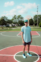 A young person stands on a basketball court, wearing a light blue cap, matching t-shirt, dark shorts, and sneakers. In the background, there are trees, a basketball hoop, and suburban houses under a partly cloudy sky.