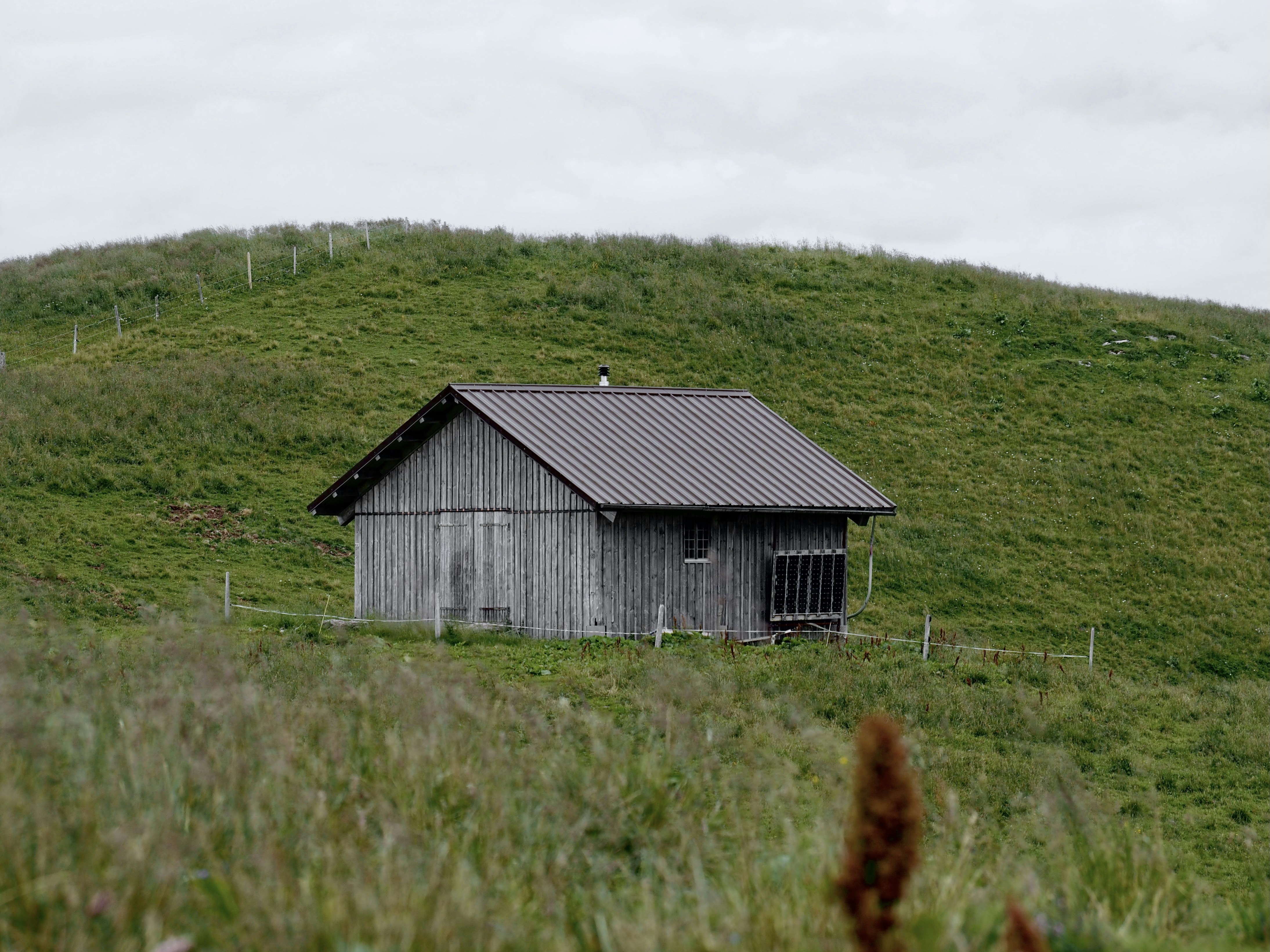 maison en bois gris sur le champ d’herbe verte pendant la journée