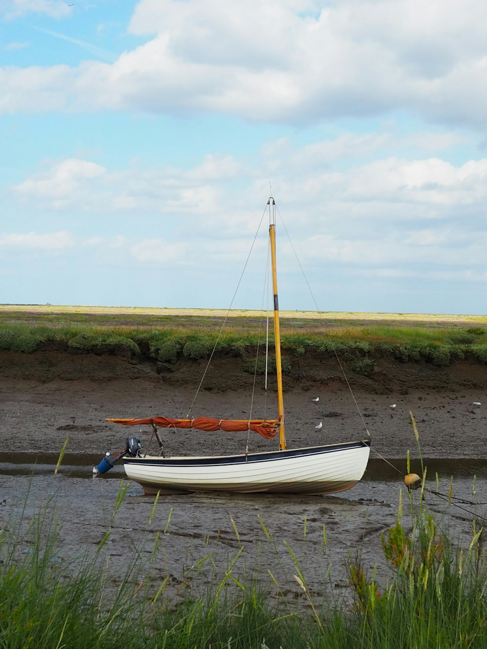 white and blue boat on brown sand under white cloudy sky during daytime