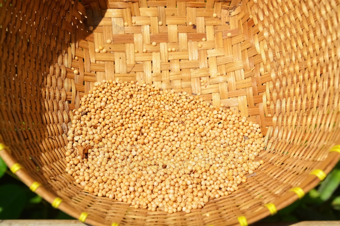 brown woven basket with white rice